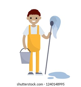 Janitor with a MOP and a yellow uniform. Male African American employee of the service. Work for Cleanliness from dirt and dust. A bucket of water and a blue puddle on the ground. Flat cartoon.
