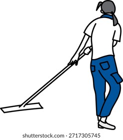Conserje fregando el piso desde atrás, ilustración de dibujos animados simple