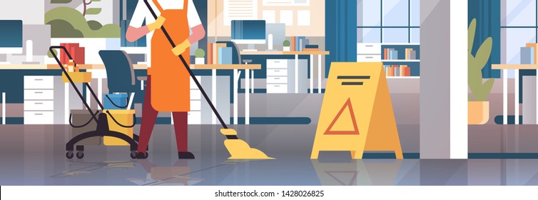 janitor mopping floor cleaner in uniform cleaning service concept trolley cart with supplies creative co-working center office interior flat closeup portrait horizontal banner