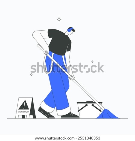 Janitor mopping floor in flat vector illustration symbolizing cleaning service, hygiene, and maintenance, isolated on white background.