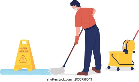 Janitor mopping floor semi flat color vector character. School cleaner figure. Full body person on white. Man in face mask isolated modern cartoon style illustration for graphic design and animation