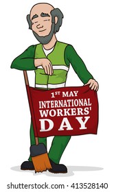 Janitor posing with his broom on Workers' Day showing his commemorative flag for this date and remembering you labor rights.