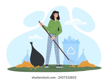 Hausmeister mit Rechen. Frau mit orangefarbenen Blättern im Stadtpark in der Nähe von Mülleimer. Junge Mädchen sauber im Hinterhof oder öffentlichen Ort. Cartoon flache Vektor-Illustration isoliert auf weißem Hintergrund