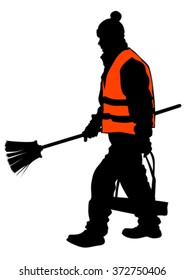 Janitor in signal vest on white background