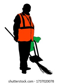Janitor in signal vest whit broom. Isolated silhouette on a white background