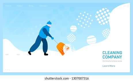 Janitor with spade throwing snow into pile on page of cleaning company website in cartoon flat style