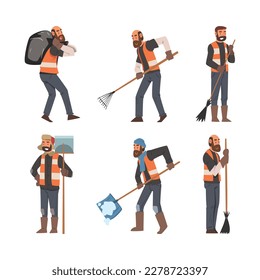 Janitor, Sweeper Reinigungsstraße mit Werkzeugen Set Cartoon Vektorgrafik