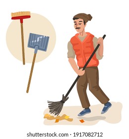 Janitor sweeping with a broom. Professions, character and items for his work. Development of children's education. Education game. Exercise for preschoolers. Vector flat cartoon illustration.