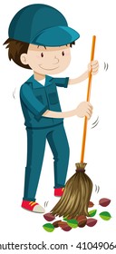 Janitor sweeping the fallen leaves illustration