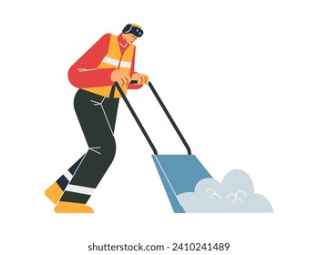 Janitor in Uniform Schnee entfernen mit einer Schaufel. Cartoon Street Cleaner Service. Müllmann arbeitet. Flache Vektorgrafik einzeln auf weißem Hintergrund