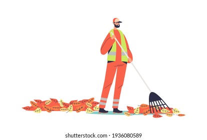 Janitor in uniform sweeping yellow leaves on street with broom. Cartoon street cleaner worker. Garbage man working. Flat vector illustration