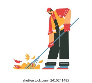 Janitor in uniform sweeping yellow leaves with broom. Cartoon street cleaner worker service. Garbage man working. Flat vector illustration isolated on white background