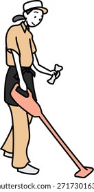 Conserje usando una aspiradora, ilustración de dibujos animados simple
