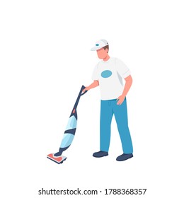 Engranaje con barrenador de vacío de color plano vectorial sin rostro. Hogar macho aislado ilustración de dibujos animados para diseño gráfico web y animación. Limpiador profesional, servicio de conserjería