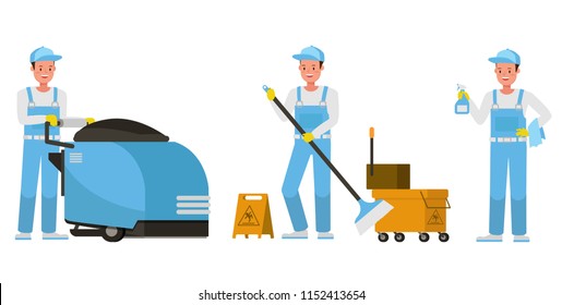 Janitor vector character design. Presentation in various action.