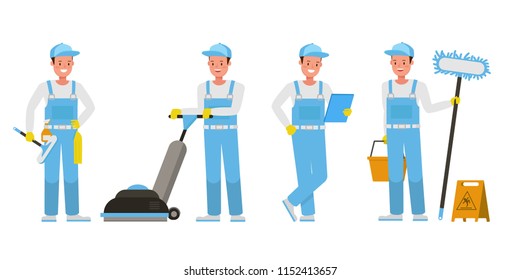 Janitor vector character design. Presentation in various action.