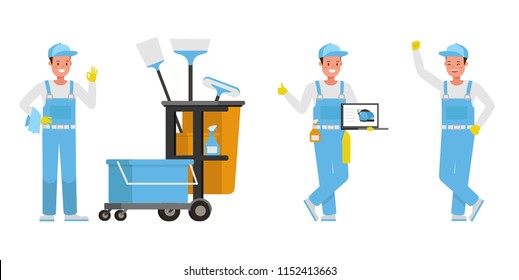 Janitor vector character design. Presentation in various action.