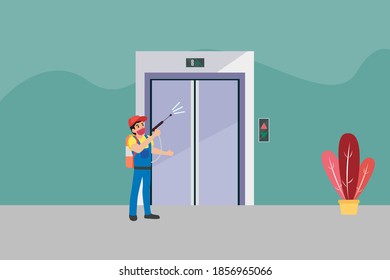Concepto vectorial de Janitor: Servicio de limpieza masculino con máscara facial mientras pulveriza un limpiador desinfectante en el ascensor de la oficina durante la pandemia del virus de la corona