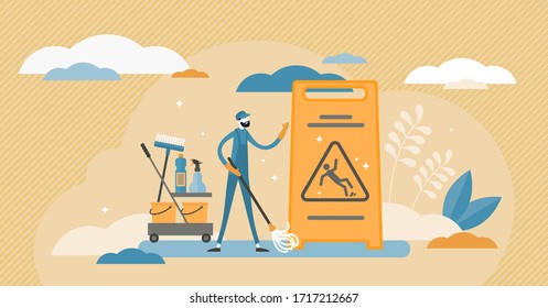 Janitor vector illustration. Cleaning occupation flat tiny persons concept. Work as professional sanitary employee. Trash and dirty service to wash floors with mop. Hygiene cleanup and sterile labor.