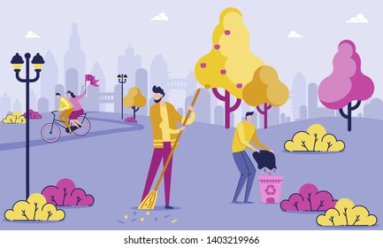 Janitor or Volunteer Sweeping and Cleaning Litter or Leaves with Broom in Hands Flat Vector Illustration. Street Cleaner Cartoon Character. Man Throwing Rubbish into Bin. Couple Riding Bike.