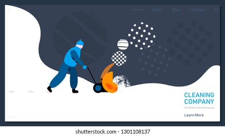 Janitor in warm clothes using modern machine to remove snow on page of cleaning company website in cartoon flat style