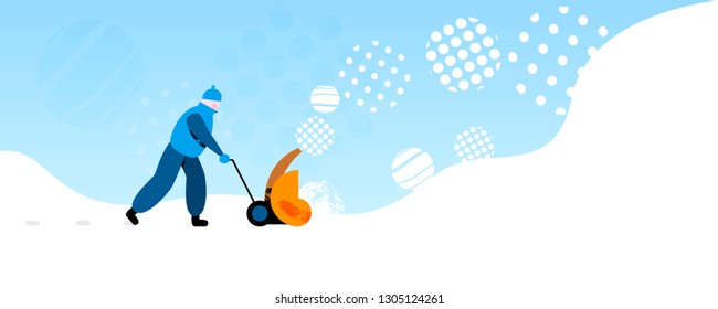 Janitor in warm clothes using modern machine to throw snow into heap in flat style