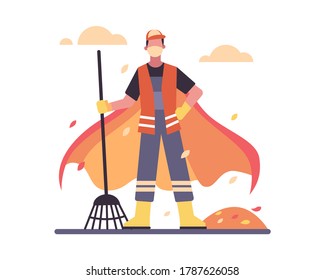 A janitor wear a red capes and face mask holding a broom as super hero in coronavirus pandemic vector illustration