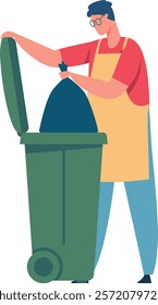 Janitor wearing an apron and glasses tossing a full garbage bag into a wheeled bin, emphasizing waste management and recycling efforts while promoting cleanliness and hygiene