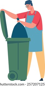 Janitor wearing an apron is throwing a garbage bag into a large green wheeled bin, emphasizing the importance of waste management and recycling for a cleaner environment