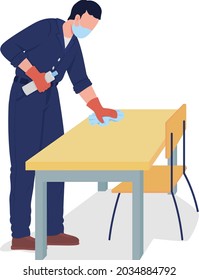 Janitor wipe desk surface semi flat color vector character. Male adult figure. Full body person on white. Covid precaution isolated modern cartoon style illustration for graphic design and animation