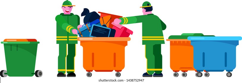 Janitor wiper yardman people sorting trash can vector bin recycle electronic waste garbage illustration. rubbish container household rubbish ewaste recycling. Green jacket Janitor wiper yardman