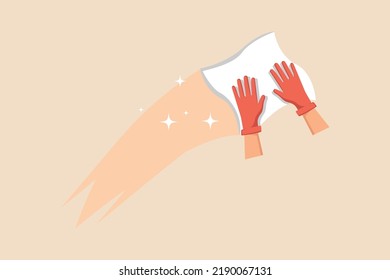 Janitor wipes the surface with a napkin. Cleaning service concept. Colored flat graphic vector illustration isolated.