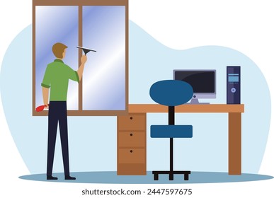 Hausmeister-Wischfenster in der Office-Vektorillustration, Reiniger reinigen leeres Büro