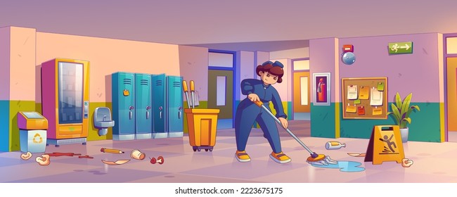 Janitor woman mopping floor in school hallway with scatter rubbish and waste on dirty floor. Female character cleaner wear uniform cleanup corridor in college campus building with wet floor sign