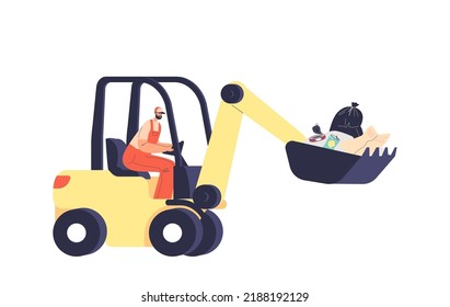 Janitor work on bulldozer vehicle collect trash and litter in street. Man picking garbage on waste conveyor tractor. Ecology and outdoor service concept. Cartoon flat vector illustration
