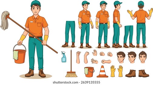 Janitor worker, cleaner wearing uniform holding mop and bucket. Character for animation. Front, side and back view set. 