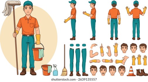 Janitor worker, cleaner wearing uniform holding mop and bucket. Character for animation. Front, side and back view set. 