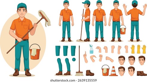 Janitor worker, cleaner wearing uniform holding mop and bucket. Character for animation. Front, side and back view set. 