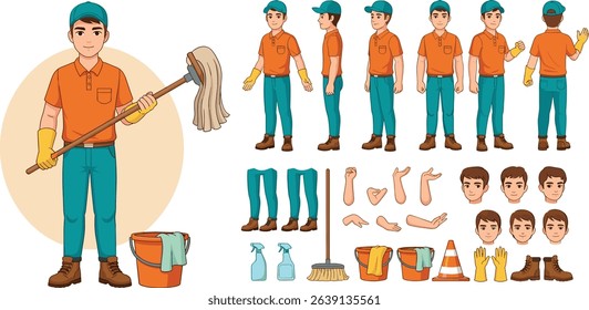 Janitor worker, cleaner wearing uniform holding mop and bucket. Character for animation. Front, side and back view set. 
