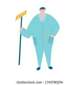 Janitor worker with mop standing isolated in overalls. Vector illustration for housekeeping company website or ads.