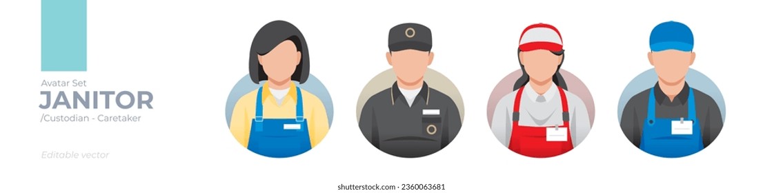 Janitor worker picture avatar icons. Illustration of men and women wearing apron outfit