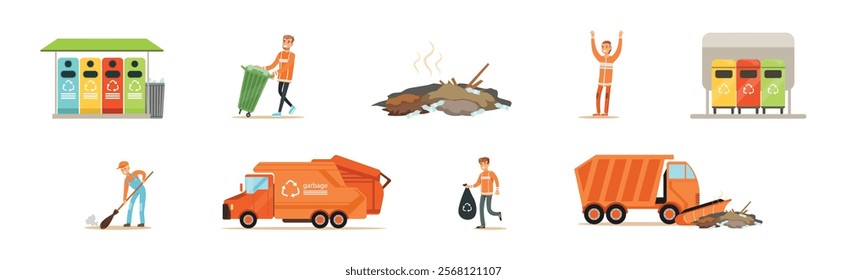 Janitor Worker and Street Dump Truck Pick Garbage and Litter Vector Set