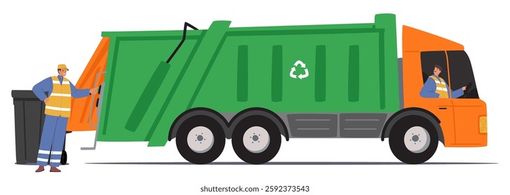 Janitor workers team collecting waste from city streets into garbage dump truck vehicle isolated on white background. Professional scavengers service, ecology social issues vector illustration