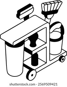 Janitorial Caddy isometric vector design, Housekeeping symbol, Public health Custodial sign, Waste management illustration,Basket on wheels carrying Cleaning Liquids and tools outline concept