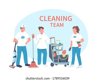 Janitorial service flat color vector faceless characters. Professional housekeeping staff with equipment isolated cartoon illustration for web graphic design and animation. Cleaning team phrase