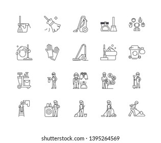 Janitorial service line icons, signs, vector set, outline illustration concept 