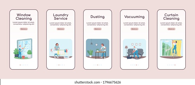 Janitorial services onboarding mobile app screen flat vector template. Commercial cleaning. Walkthrough website steps with characters. UX, UI, GUI smartphone cartoon interface, case prints set