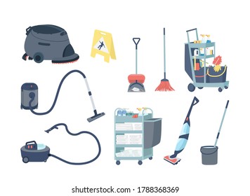 Janitorial Supplies Flat Color Vector Objects Set. Professional Housekeeping Equipment. Different Cleaning Products Isolated Cartoon Illustrations Collection For Web Graphic Design And Animation