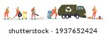 Janitors and cleaners sweeping street and gathering garbage to recycle containers to waste truck. Street cleaners service workers team. Cartoon flat vector illustration