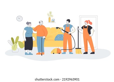 Janitors cleaning house of elderly couple. Man and woman in uniform holding vacuum cleaner and mop flat vector illustration. Cleaning service concept for banner, website design or landing web page